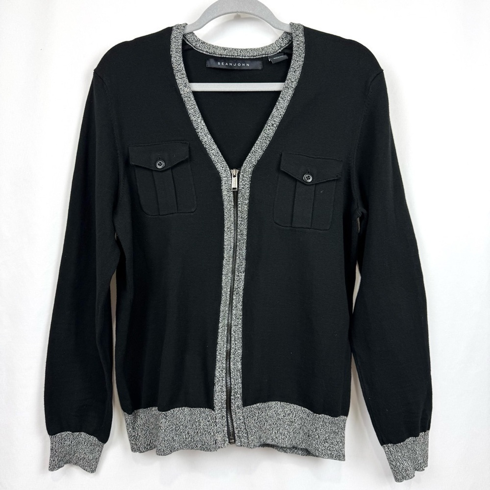 Sean John Women’s Sz L Black / Grey Full Zip Sweater V Neck Grannycore Casual LS